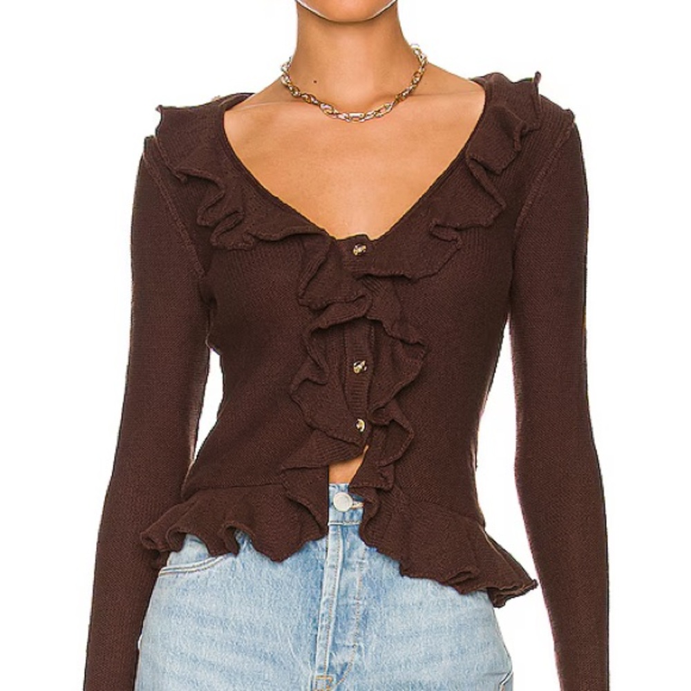 LPA Ruffle Sweater Cardigan in Truffle Brown